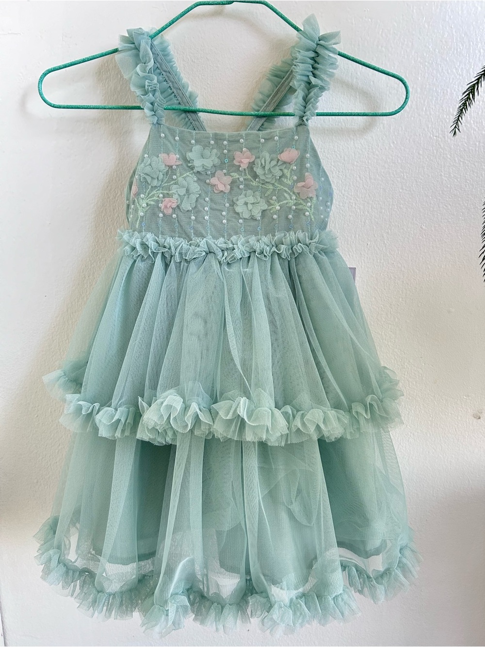 Shabby Chic Toddler Girl Pastel Mint sleevelessTulle Floral Ruffle Dress Size 2T